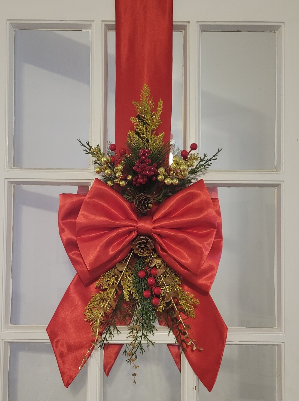 Festive Red Holiday Door Bow with Pine & Berry Accent
